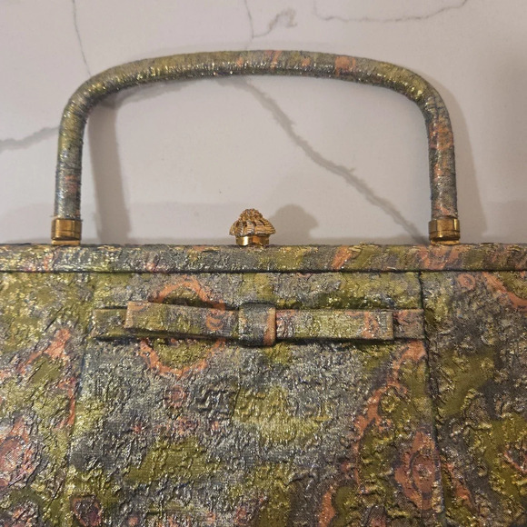 RARE Vintage Antique 1950s Rosart Tapestry Bag Pink Green Gold - Picture 2 of 12
